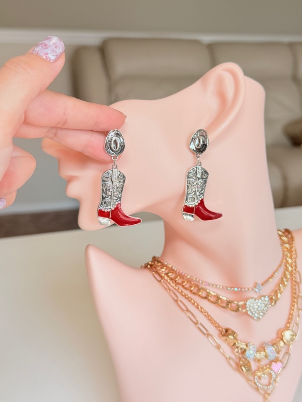 Red Cowboy Boot Dangle Earrings - Picture 8 of 13